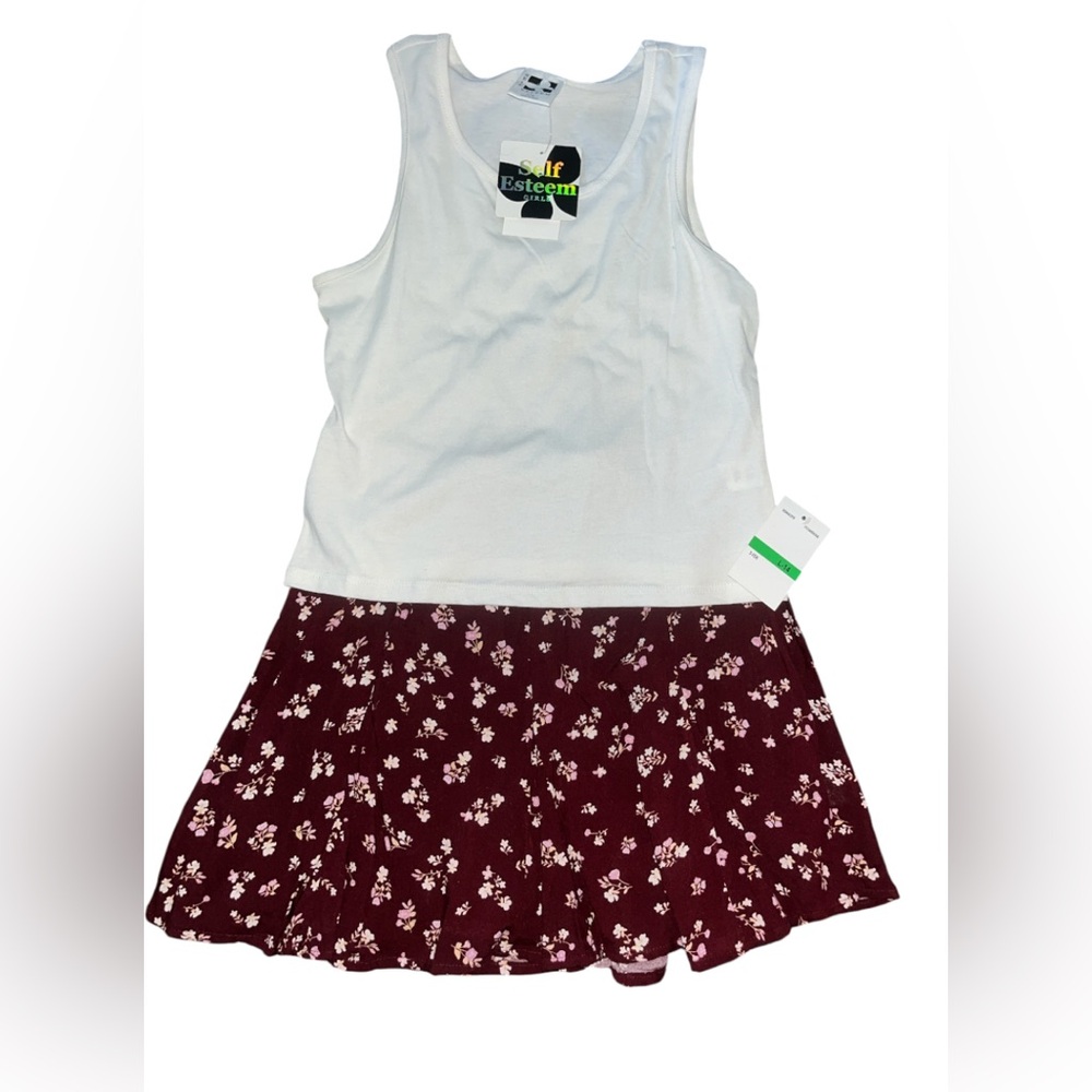 Self Esteem White Tank Top and Burgundy Floral Skirt Set
